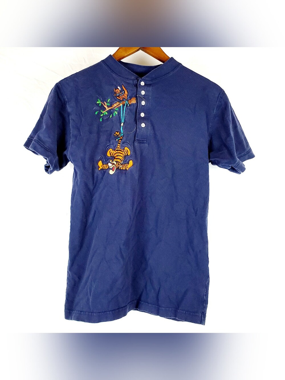 Vintage Disney Store Tigger And Roo Embroidered Blue Henley T-Shirt
